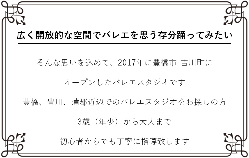 広く開放的な空間でバレエを思う存分踊ってみたい
そんな思いを込めて、2017年に豊橋市 吉川町にオープンしたバレエスタジオです。
子供向けのクラスと大人向けのオープンクラスのバレエスタジオ
豊橋、豊川、蒲郡近辺でクラシックバレエのバレエ教室をお探しの方。
3歳(年少)から大人まで。初心者からでも丁寧に指導致します。